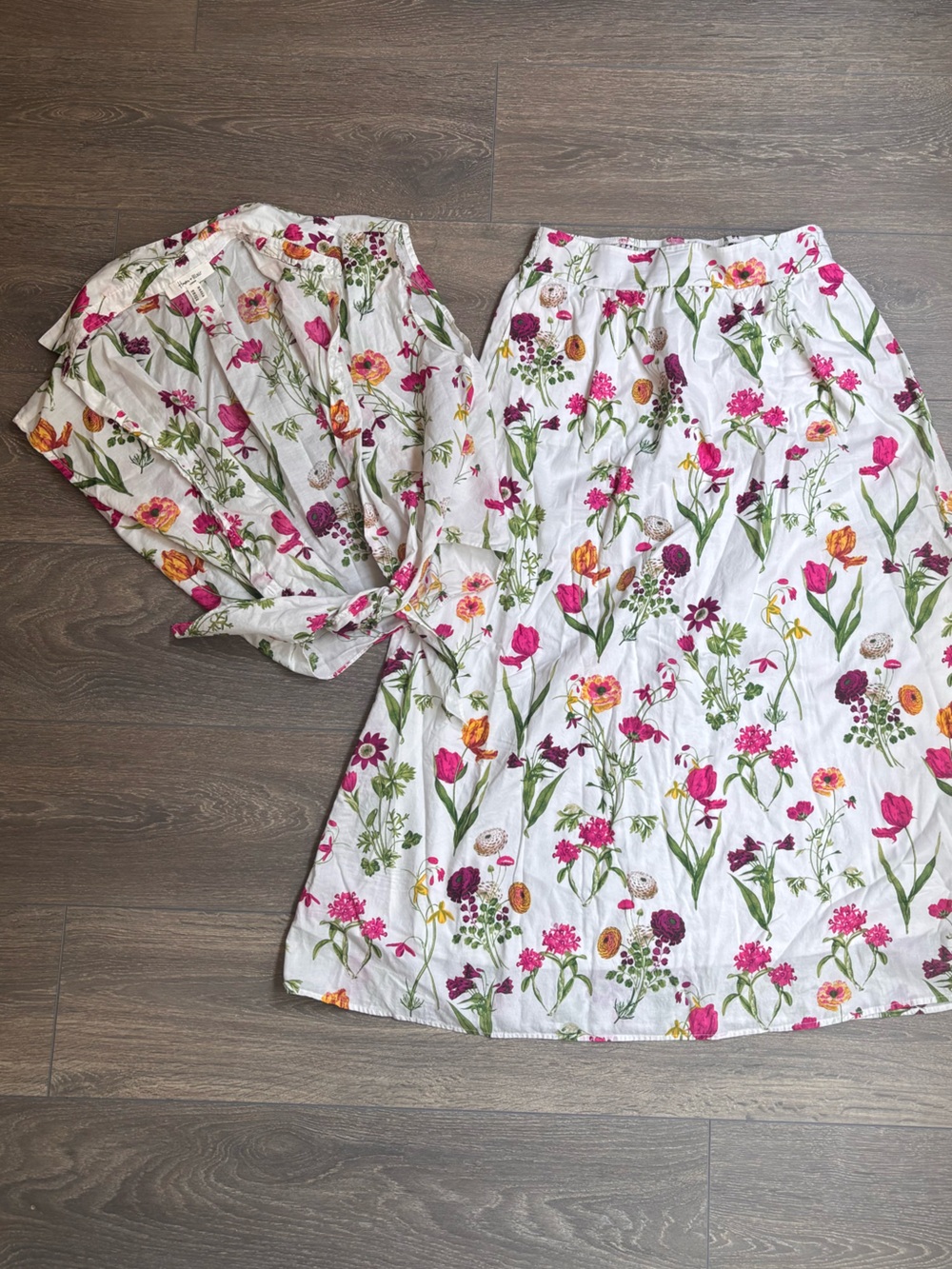 Floral A-Line Cotton Skirt Set - White with Pink & Orange Bloom Print